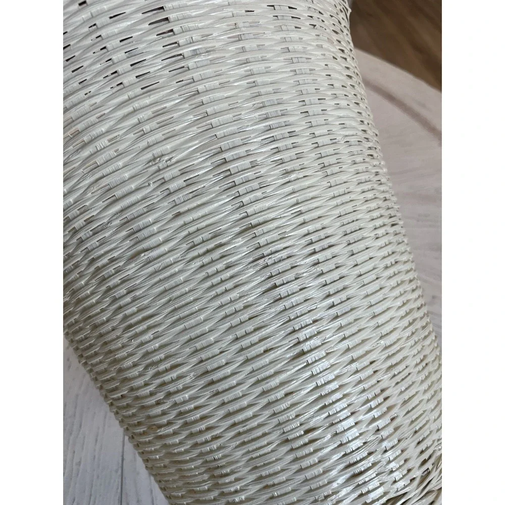 Vtg White Wicker Wastebasket Round Woven‎ Trash Garbage Can Planter Boho 1970s
